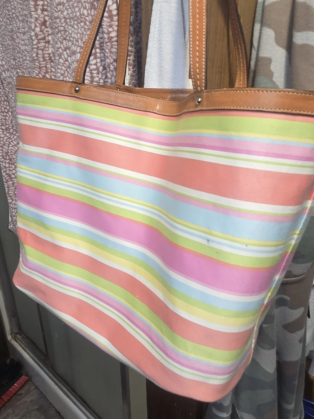 COACH Multicolor Striped Canvas Tote with Tan Leather Trim